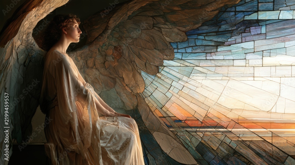 Fototapeta premium Solitary Angel Messenger in Flowing Robe Seated by Radiant Stained Glass Horizon, Christian Memorial Sympathy Art