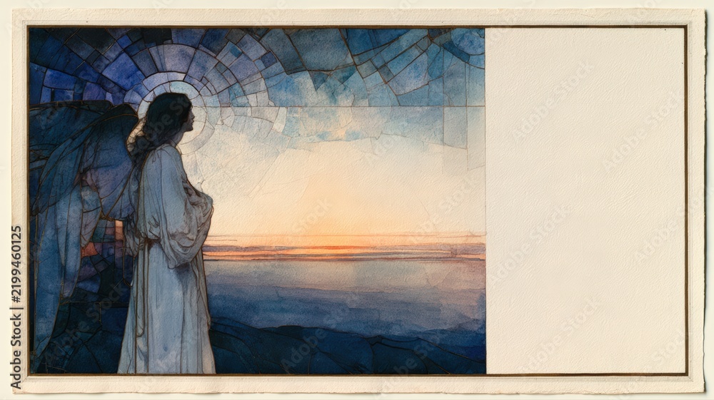 Obraz premium Watercolor Angel Messenger in Stained Glass Dawn, Memorial Sympathy Christian Comfort Background