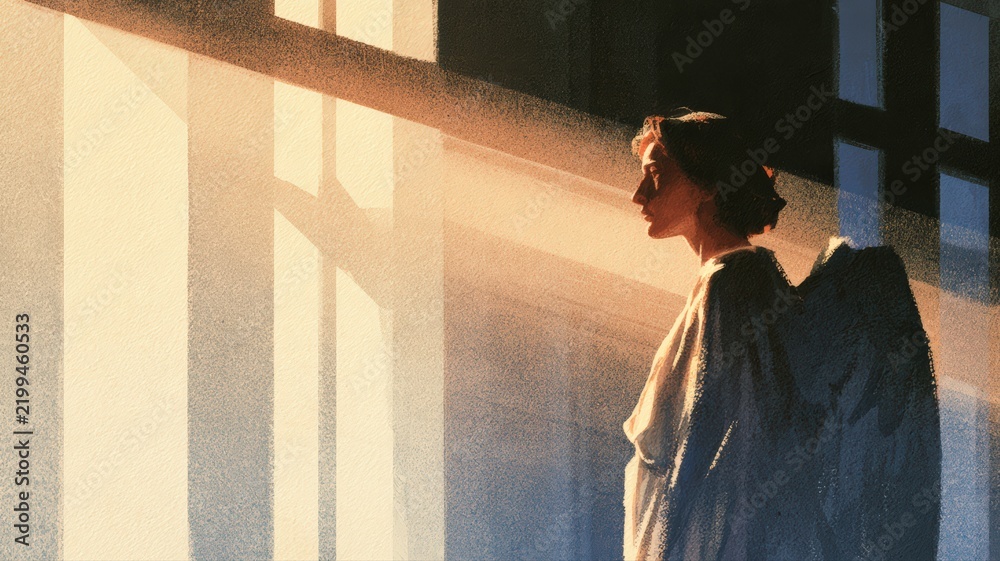 Fototapeta premium Serene Angel Messenger in Stained Glass Morning Light, Christian Sympathy and Memorial Faith Art