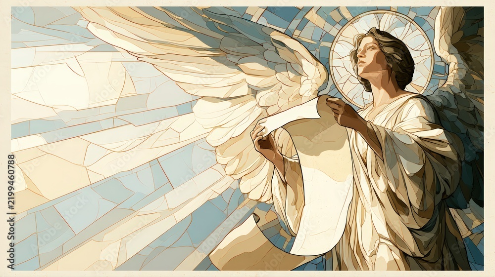 Fototapeta premium Contemporary Angel Messenger with Blank Scroll in Stained Glass, Memorial Sympathy Christian Art Background