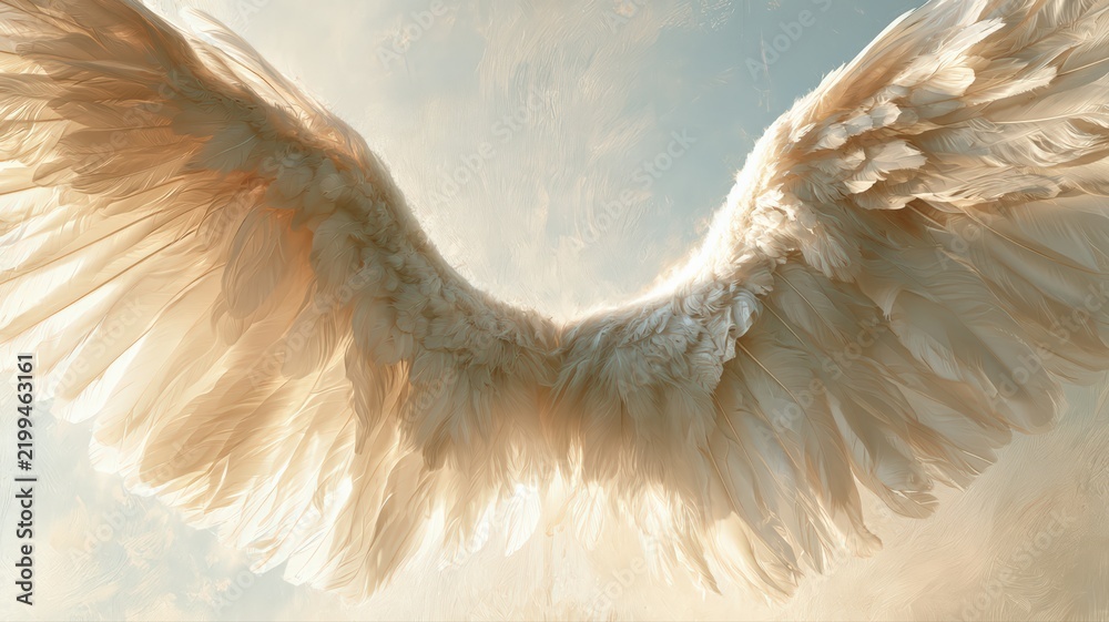 Obraz premium Heavenly Angel Wings Opening in Soft Light, Christian Sympathy and Memorial Art with Peaceful Devotional Atmosphere