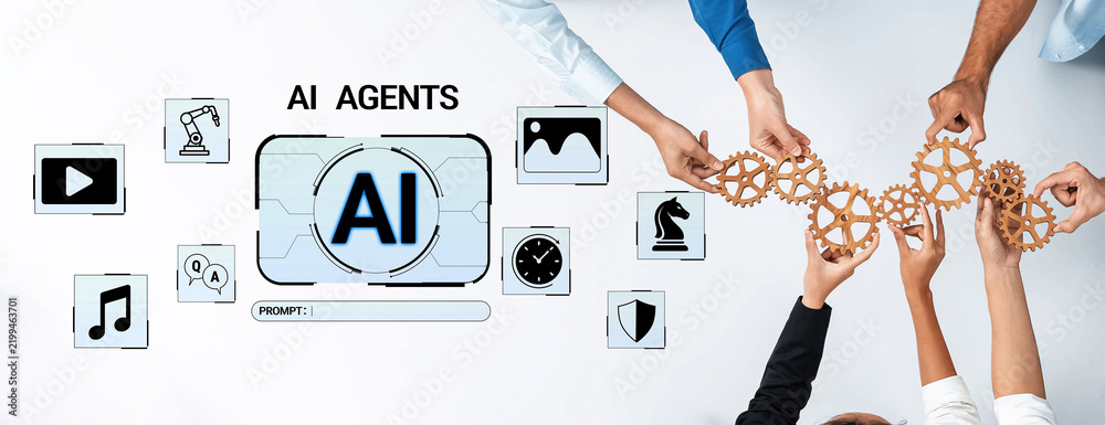 Obraz premium Hands Collaborating with Gears and Technology Icons Representing AI Agents and Innovations in Automation and Machine Learning Solutions Haptic.