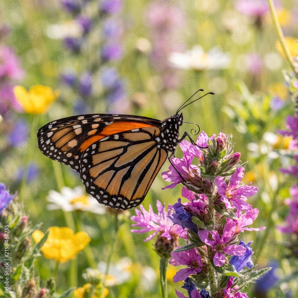 Obraz premium Monarch butterfly on purple wildflower, orange butterfly feeding in summer meadow, vibrant nature scene with colorful blooming flowers