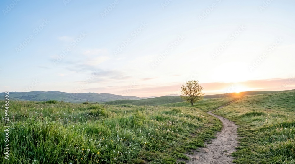 Obraz premium Sunrise over a rolling green spring landscape. A dirt path winding through grassy hills at dawn