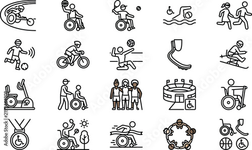 Adaptive sporting events and rehabilitation linear icons set highlighting diverse physical activities for disabled athletes.