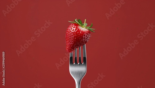 Fork Holding a Fresh Red Strawberry Against a Solid Red Background