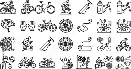 Complete cycling and bicycle sport icon set featuring professional road racing equipment rider gear and training infrastructure elements.