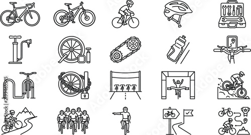 Bicycle equipment and cycling sports icon set featuring black line art style elements for mountain biking racing and repair maintenance.