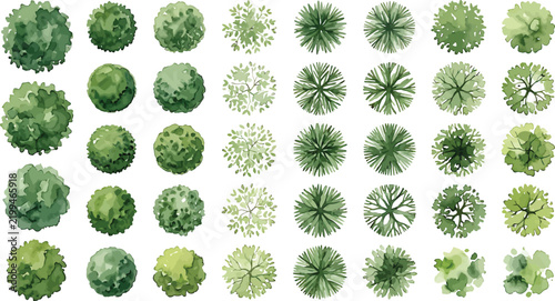 Watercolor Tree Top View Icons Set for Landscape Design and Architectural Plans