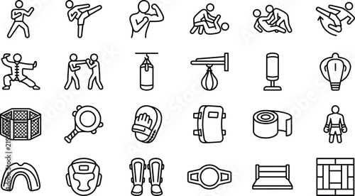 Comprehensive collection of thin line martial arts icons featuring varied combat sports equipment and fighter poses for professional design projects.