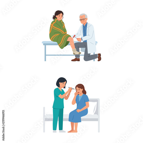 Medical Examination Scenes Featuring a Doctor and a Nurse With Patients in a Clinic Setting