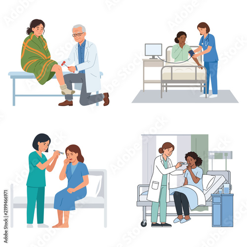 Comprehensive Medical Examination Scenes Featuring Doctors and Nurses Assisting Patients in Healthcare Settings
