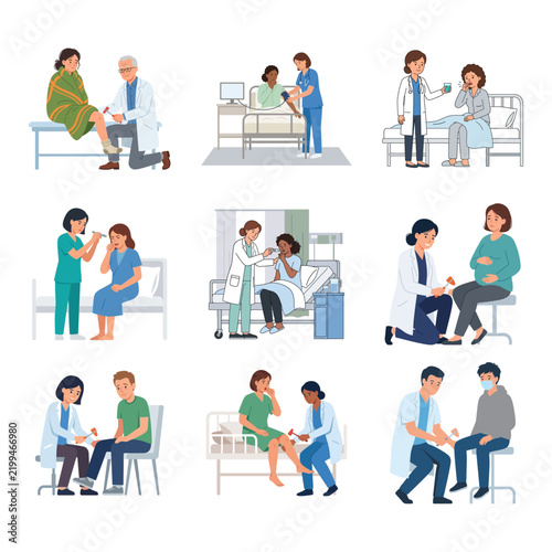 Collection of Medical Professionals Performing Routine Patient Checkups and Physical Examinations