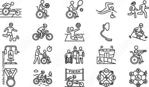 Disabled athlete sport vector icons collection showing adaptive training and professional competition events in thin line style.