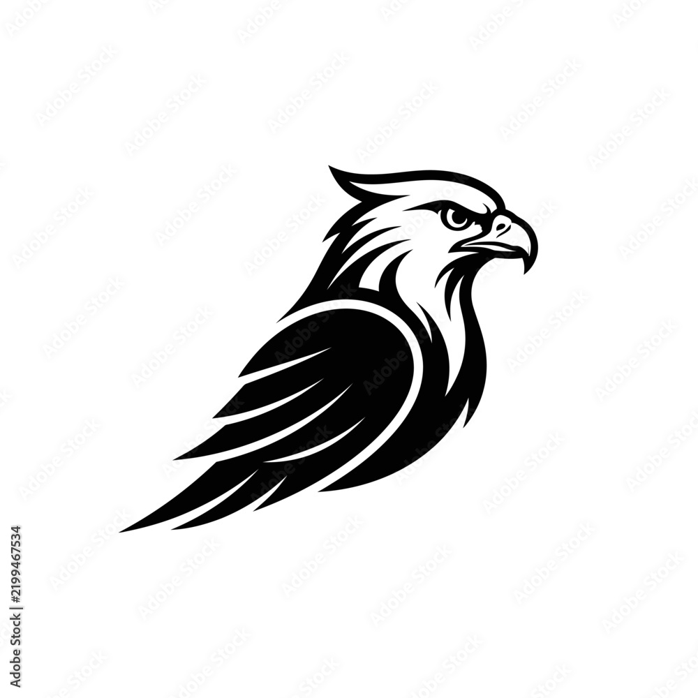 Fototapeta premium Detailed hawk head profile silhouette with feathers.