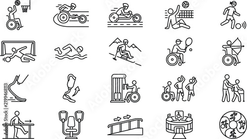 Paralympic sports icons set in thin line style featuring disabled athletes competing in various adaptive sporting events and activities.