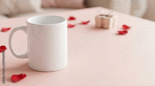 Blank white ceramic coffee mug mockup with romantic red roses and soft pastel decor, elegant Valentine's Day aesthetic background with empty copy space for 3x3 love quote typography.