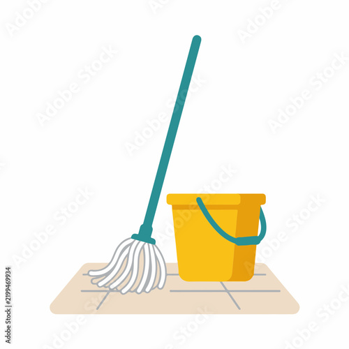 Mop and yellow bucket on tiled floor. Household cleaning and hygiene concept. Flat design vector illustration