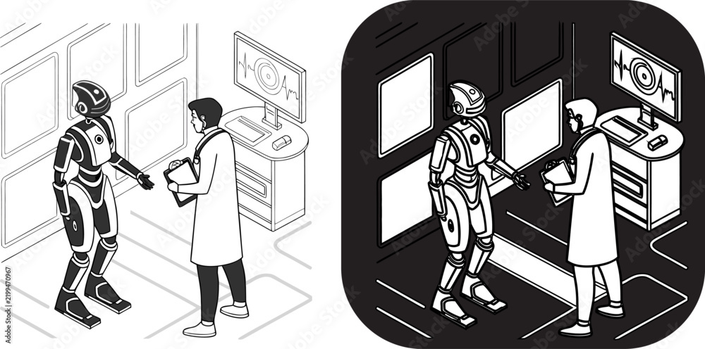 Fototapeta premium Isometric illustration of a doctor interacting with a futuristic humanoid robot inside a modern medical room with screen monitor 