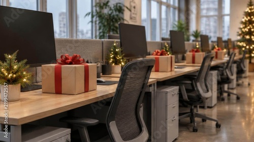 Festive office workspace decorated for winter holidays with wrapped gifts and illuminated trees on wooden desks