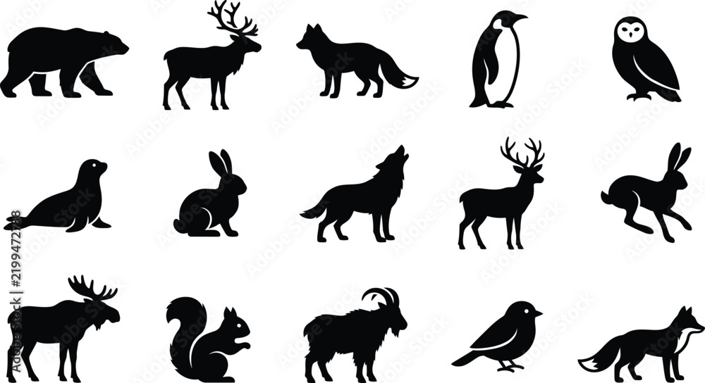 Obraz premium A collection of silhouetted winter animals bears deer foxes penguins owls and more in a snowy scene