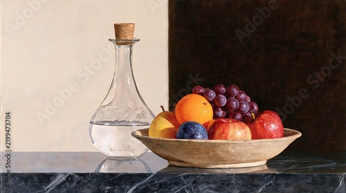 Oil Painting of Fruit Bowl Water Carafe and Copy Space