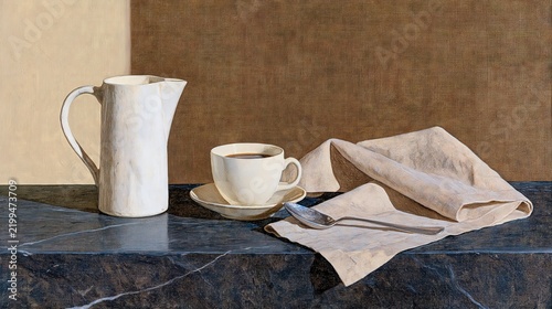 Coffee Cup and White Pitcher Still Life with Copy Space