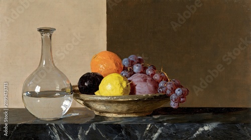 Colorful Fruit Still Life Painting with Water Bottle