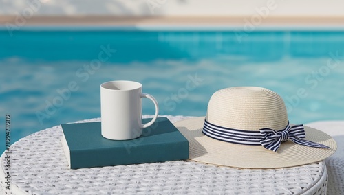 Poolside Setting With a Book, Coffee Mug, and a Hat on a Woven Table