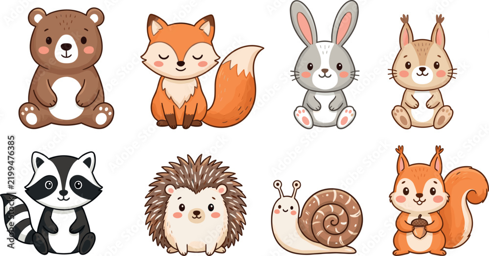 Obraz premium Cute Cartoon Woodland Animals Clipart Vector Set Featuring Bear, Fox, Rabbit, Squirrel, Raccoon, Hedgehog, and Snail Characters for Kids Graphic Design