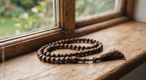 Islamic Prayer Beads by the Window: A strand of wooden prayer beads rests on a sunlit windowsill, a symbol of devotion and spiritual practice, inviting contemplation and peace.
