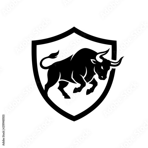 Powerful bull emblem silhouette inside shield symbol strength and resilience