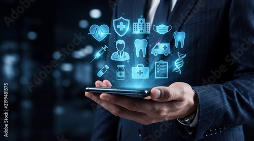 Digital Health Revolution: A businessman's hand holds a smartphone displaying a glowing array of digital health icons, symbolizing the intersection of technology and modern medicine.