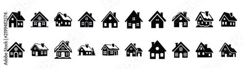 christmas village house silhouette simple Christmas icon set, flat black color and pure white background