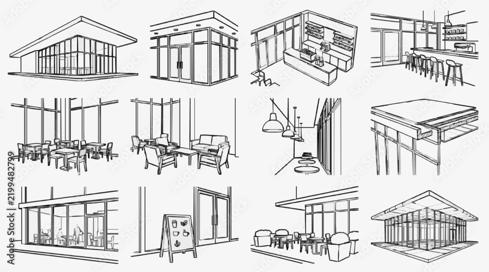 Obraz premium Clean Minimalist Black and White Sketch Illustrations of Modern Caf and Restaurant Interior Design Concepts