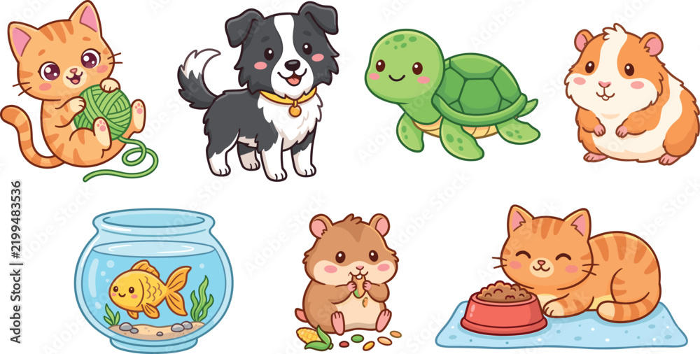 Fototapeta premium Cute Cartoon Pets Clipart Vector Set Featuring Happy Kitten Playful Puppy Turtle Guinea Pig Goldfish and Hamster Characters for Children Graphic Designs