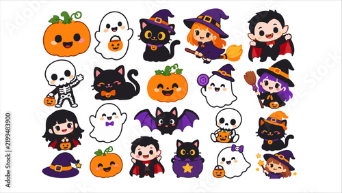 Cute Kawaii Halloween Character Vector Sheet with Smiling Pumpkins, Friendly Ghosts, Black Cats, Witches, Vampires and Skeletons