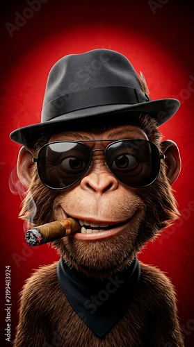 Cartoon monkey character dressed as a detective with fedora hat and sunglasses holding a cigar
