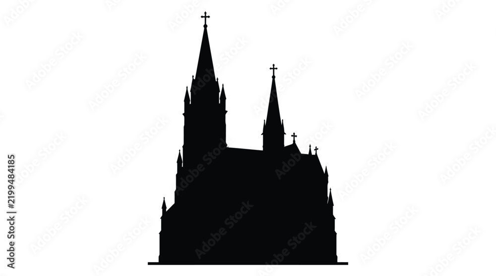 Obraz premium Gothic cathedral silhouette against a white background depicts religious architecture
