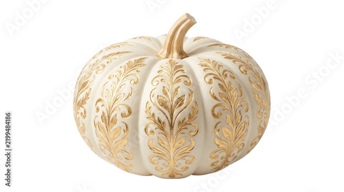 Elegant Cream Pumpkin with Intricate Gold Damask Pattern and Stem on White Background
