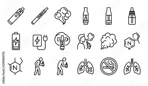 Vaping Smoking Electronic Cigarette and Unhealthy Lifestyle Line Icons