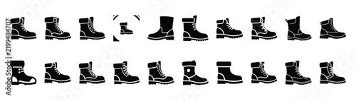 winter boot silhouette simple Christmas icon set, flat black color and pure white background