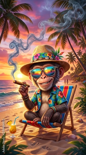 Cartoon monkey in colorful hat relaxing with cigar on tropical beach chair by sunset
