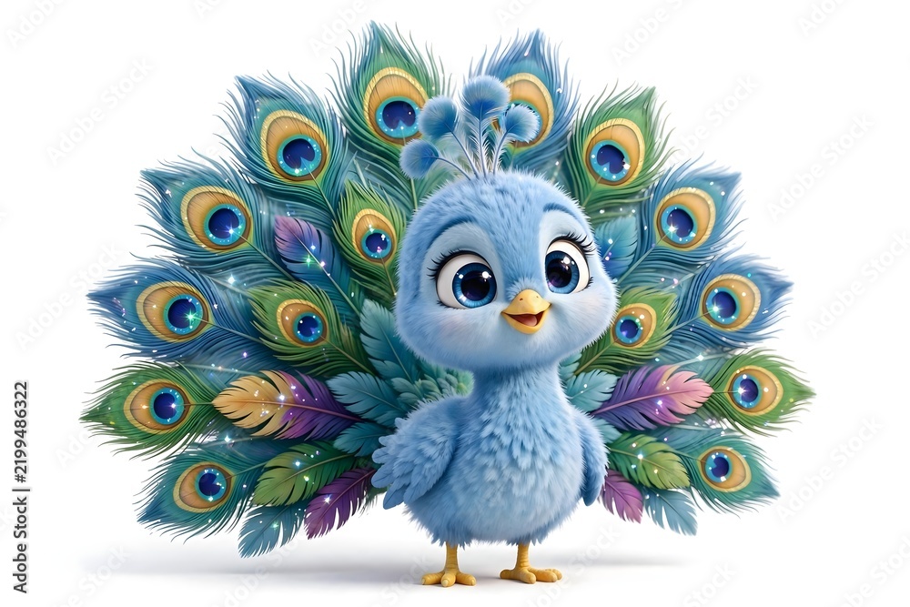 Fototapeta premium Cute fluffy blue baby peacock with colorful feathers fanned out on white background