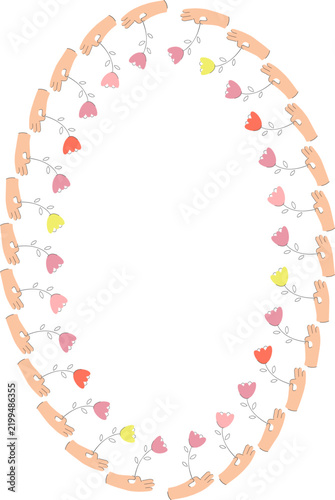 Wreath frame with colorful flower elements. Trendy graphic template. Cute empty frame box