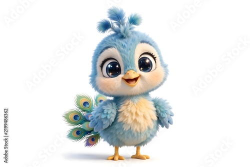 Cute fluffy blue baby peacock chick with sparkling big eyes on white background