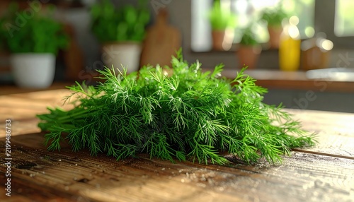 Fresh green dill herb sprigs 3D Illustration arranged beside gourmet ingredients on a rustic wooden kitchen counter