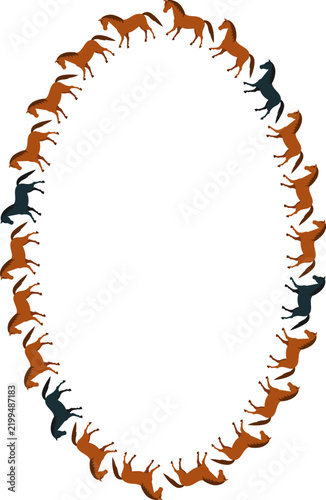 Horses animal oval frame. Derby game template for your text. Hand drawn vector illustration