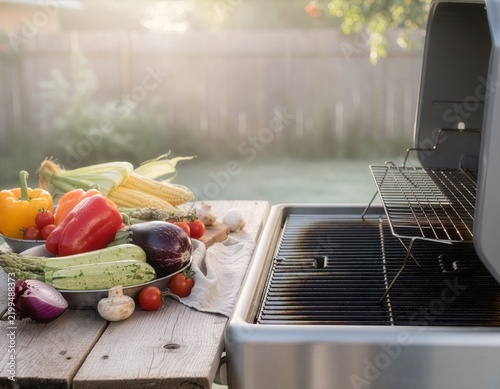 fresh raw vegetables on wooden table next to outdoor grill ready for barbecue cooking in garden