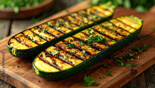 Grilled zucchini halves with distinct golden grill marks served with fresh herbs on a wooden board, 3D Illustration.